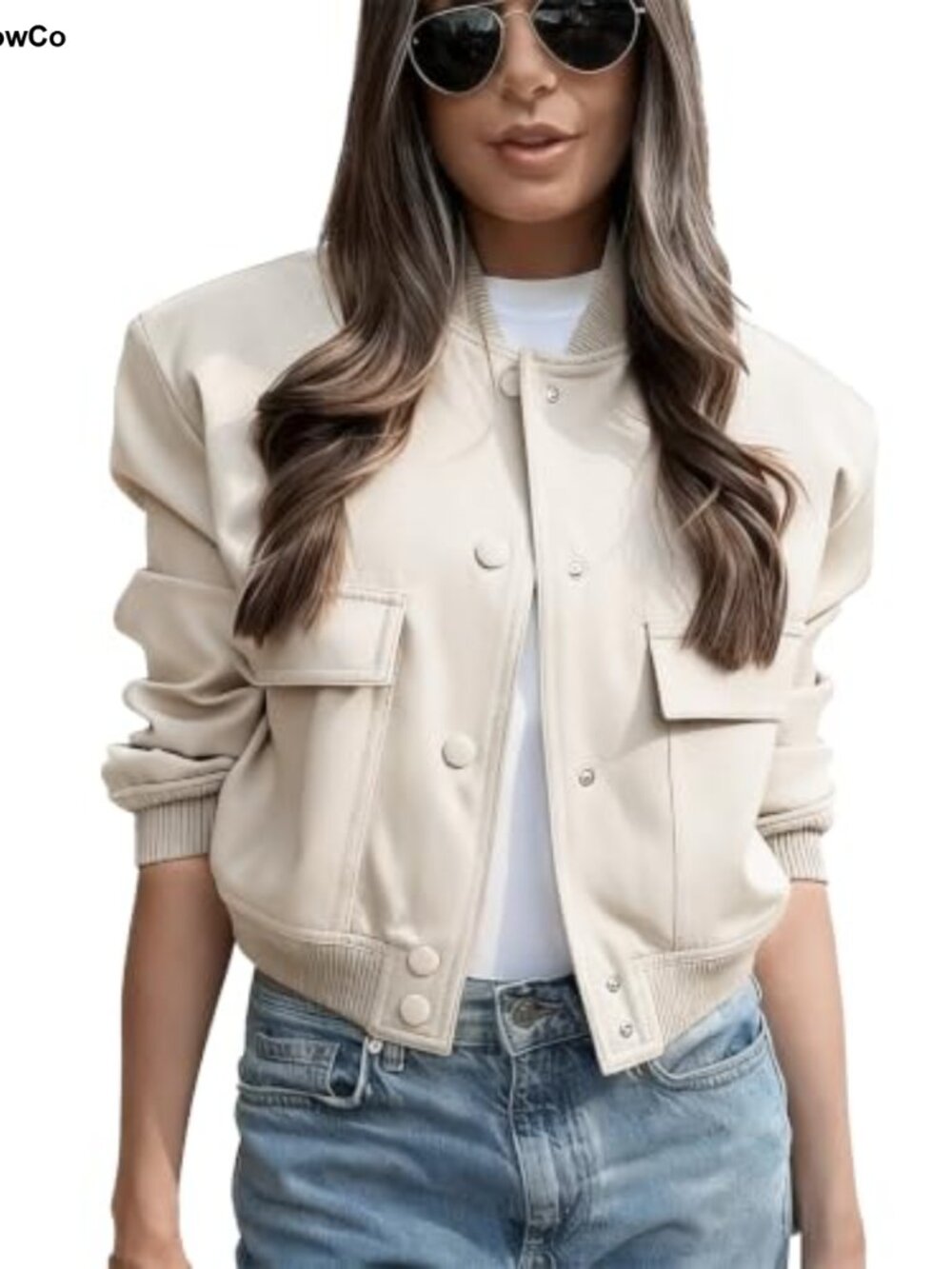 Women Crop Bomber Jacket Button Down Varsity Jacket Polyester